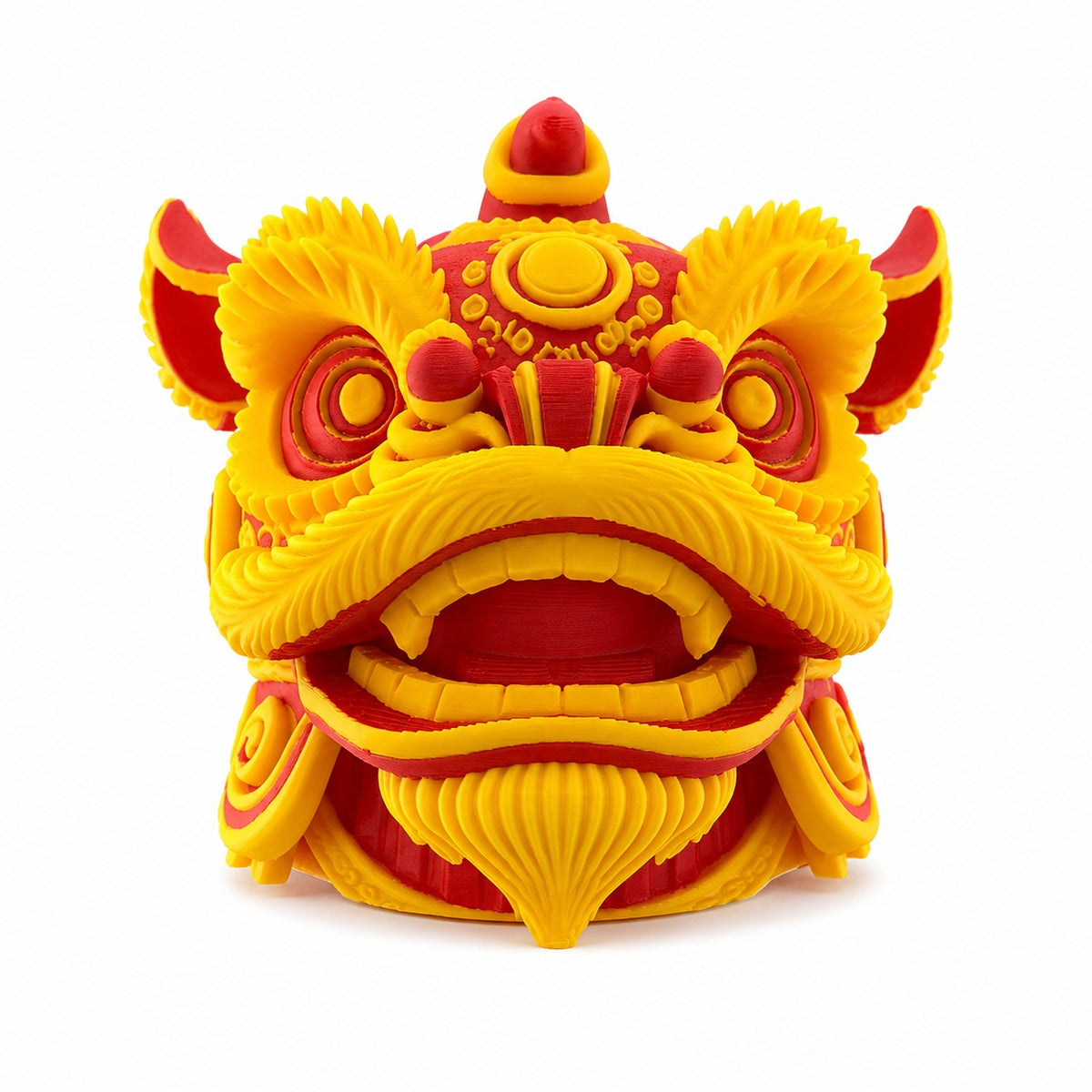 Towbar Republic Dancing Lion towbar cover in red and yellow 3D printed PLA for 50mm European tow balls.